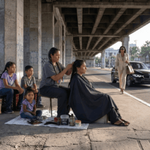 Trenzaba el cabello bajo un puente para ganarse la vida y mantener a sus tres hijos. Una mujer que conducía un BMW se detuvo, y todo cambió.