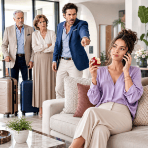 Mis suegros llegaron sin avisar y mi marido decidió delante de todos: “Mi esposa puede dormir en el sofá”. En lugar de suplicarle, hice una maleta y alquilé una habitación por una semana. Cuando regresé, encontré a sus parientes usando mis cosas y presumiendo una casa que no habían pagado… entonces saqué las escrituras que él nunca quiso mencionar.