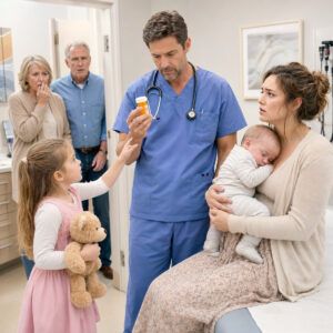 Mi bebé tenía 40 grados de fiebre y el médico me dijo: “Las mamás primerizas suelen preocuparse por todo”. Mi suegra sonrió y mi marido volvió a decir que yo estaba exagerando. Yo estaba a punto de quedarme callada cuando mi hija de 7 años abrió el overol de su osito, sacó un frasco de medicina y preguntó: “Doctor, ¿quiere saber qué le daba la abuela al bebé en lugar de esto?”