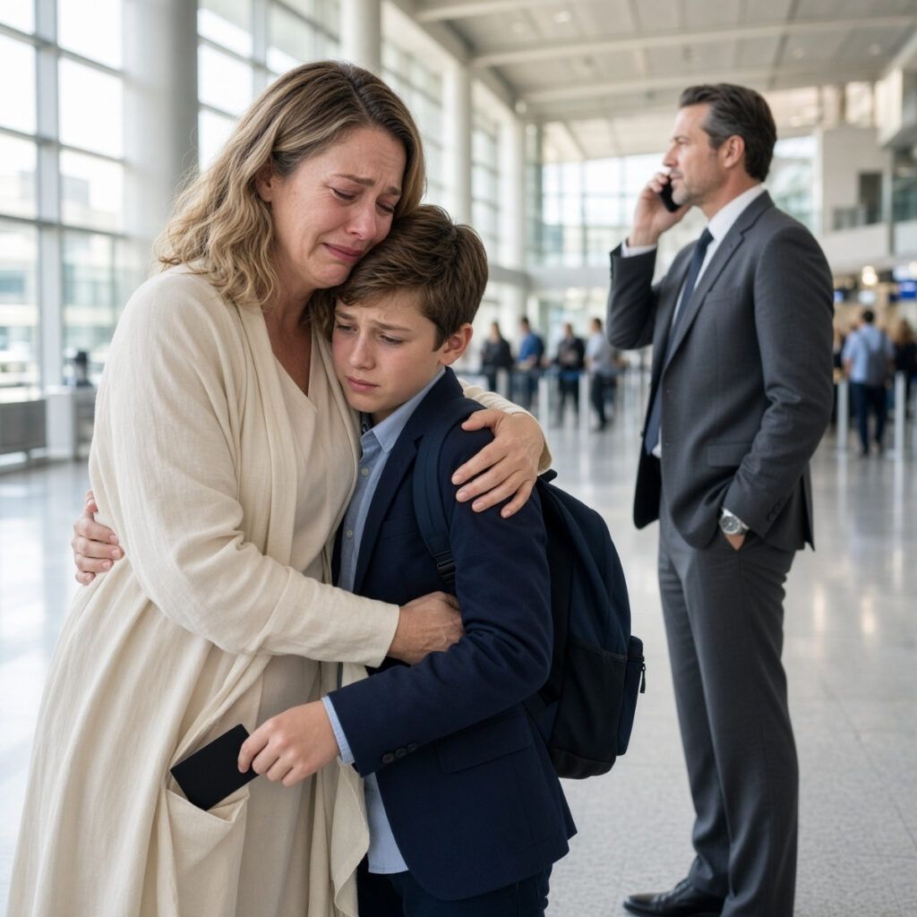 Mi hijo de 12 años me miró frente a la jueza y dijo: “Quiero vivir con papá. Mamá no puede darme el futuro que necesito”. Creí que lo había perdido para siempre… hasta que una semana después, en el aeropuerto, me abrazó con fuerza y deslizó en secreto una tarjeta negra en mi bolsillo.