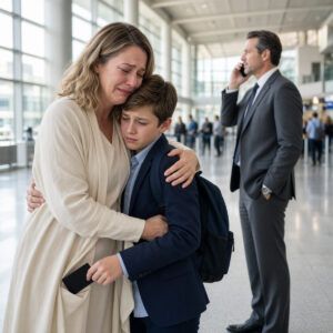 Mi hijo de 12 años me miró frente a la jueza y dijo: “Quiero vivir con papá. Mamá no puede darme el futuro que necesito”. Creí que lo había perdido para siempre… hasta que una semana después, en el aeropuerto, me abrazó con fuerza y deslizó en secreto una tarjeta negra en mi bolsillo.